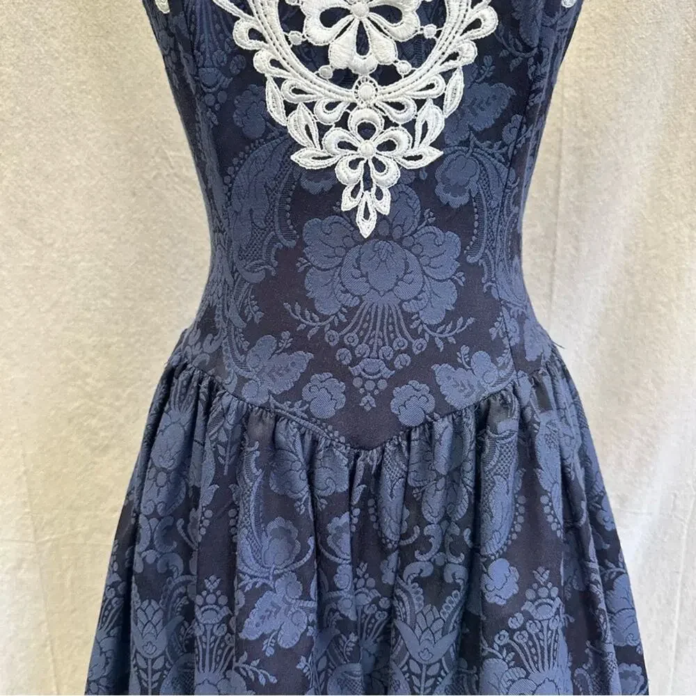 Gunne Sax vintage 80s navy brocade tea length‎ formal/party dress size 7/8 - Picture 7 of 16